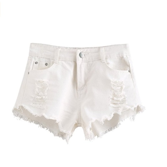 OPHIRA White Distressed Denim Shorts - Picture 2 of 6